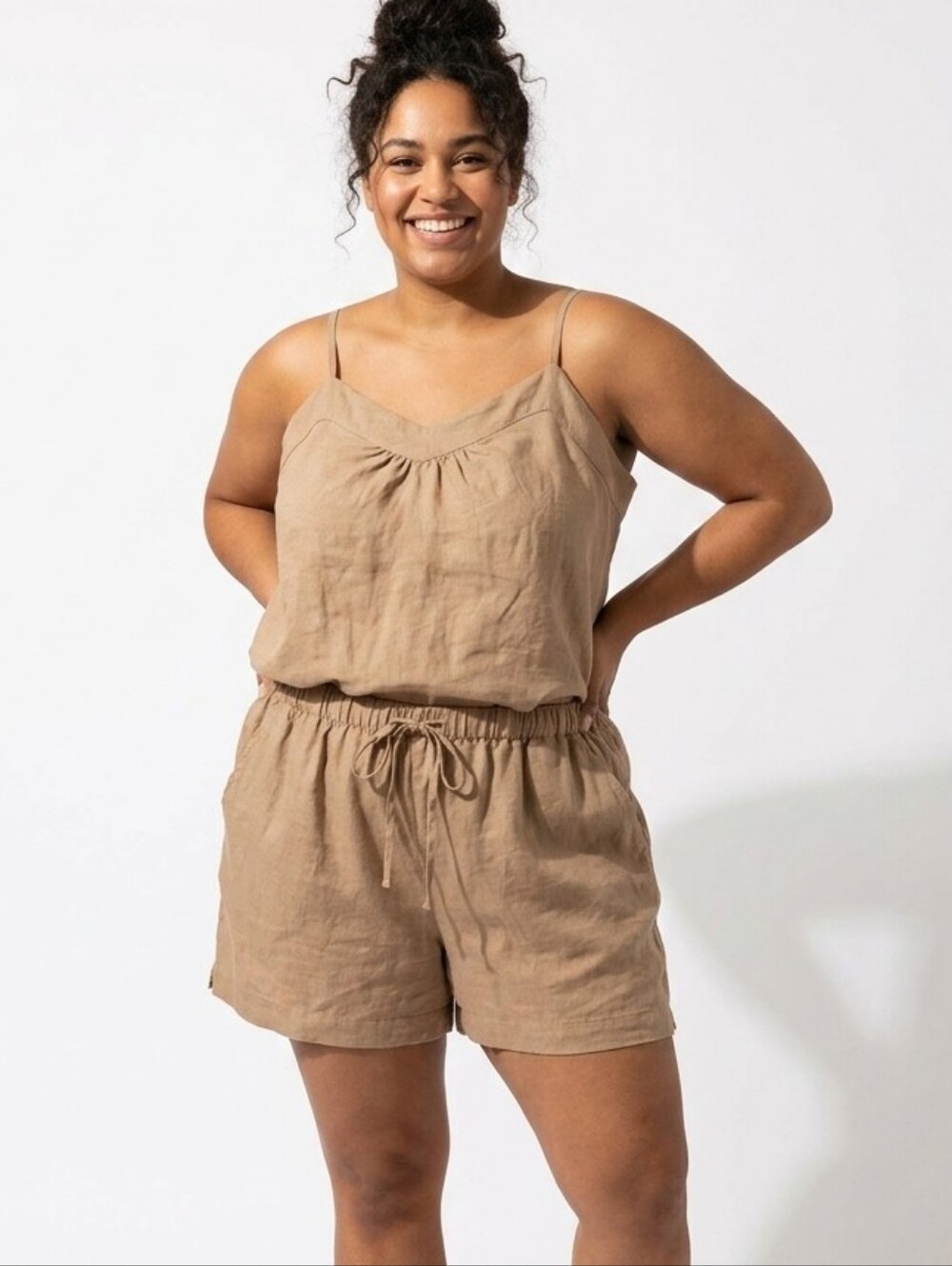 State Of Day Tan Linen-Blend Cami And Short Set - Lounge